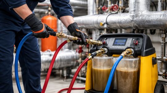 Désembouage d’un réseau de chauffage collectif avec machine professionnelle pour bâtiment public